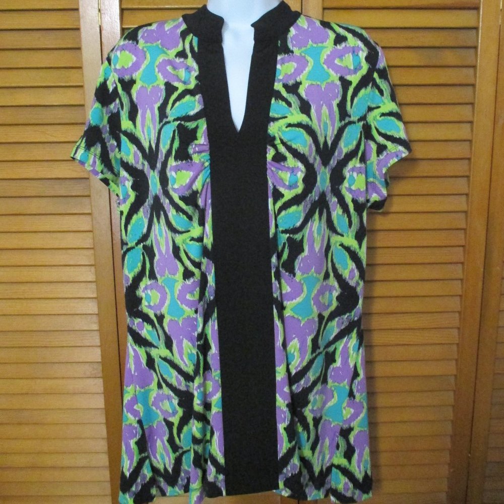 Dana Buchman top purples & black V neck stretchy short sleeve pullover size XL